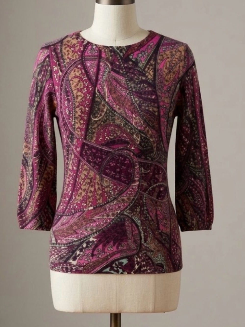 Talbots Pure Cashmere Paisley Sweater Purple Pink 3/4 Sleeve Crew Neck Large